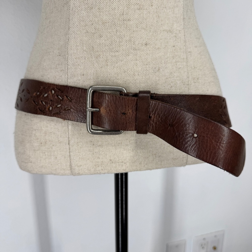 Womens 90s Brown Leather Floral Cutout Wide Belt Silver Square Buckle Y2K Boho